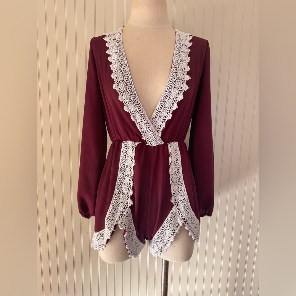 Papaya Cabernet Red With Lace Romper
